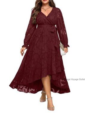 Plus Size High Low Maxi Dress Long Sleeve Faux Wrap V Neck Formal